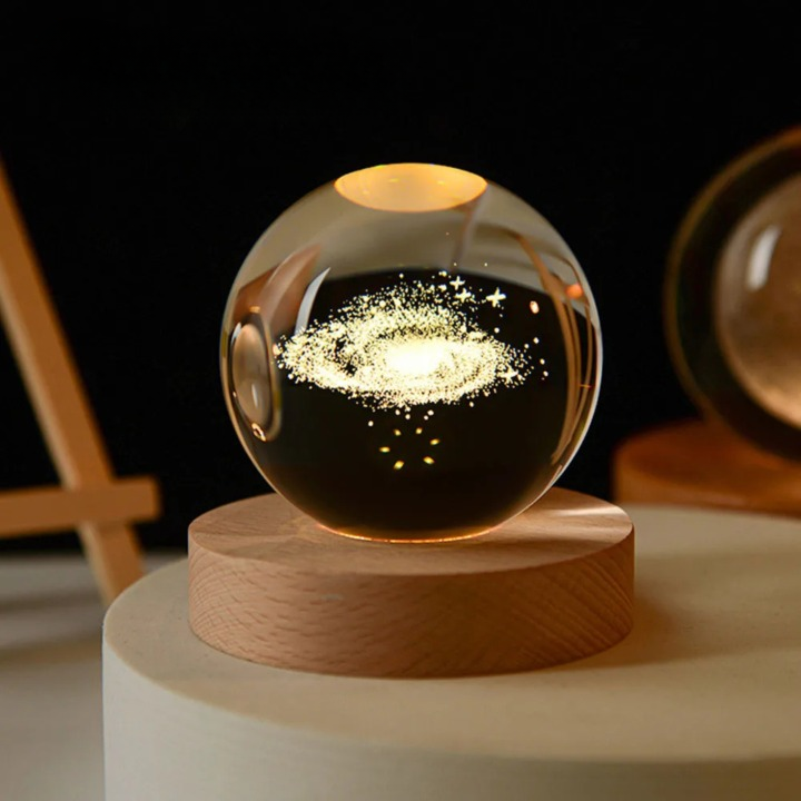 3D Galaxy Crystal Ball Lamp | LED Night Light with Wooden Base