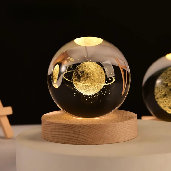 3D Galaxy Crystal Ball Lamp | LED Night Light with Wooden Base